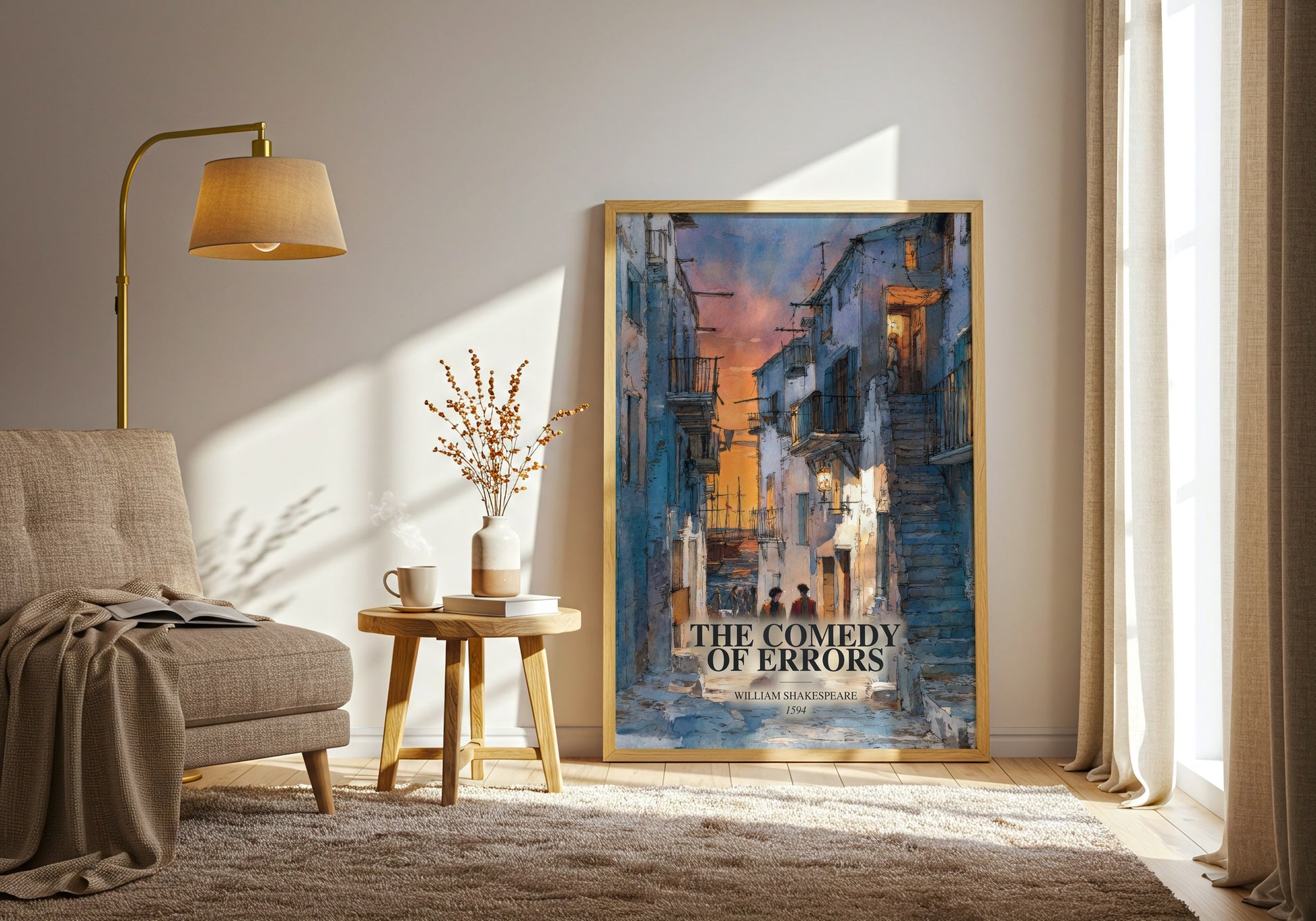 The Comedy Of Errors watercolour print in frame leaning in hallway – classic literature wall art