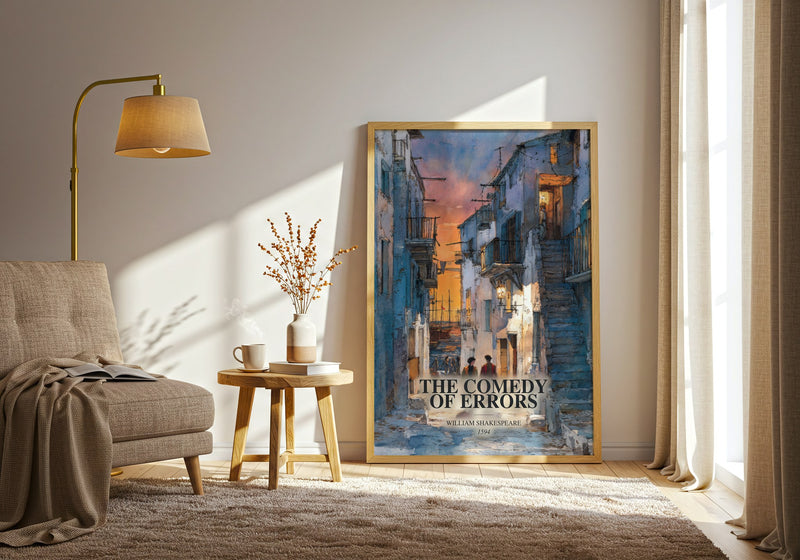 The Comedy Of Errors watercolour print in frame leaning in hallway – classic literature wall art
