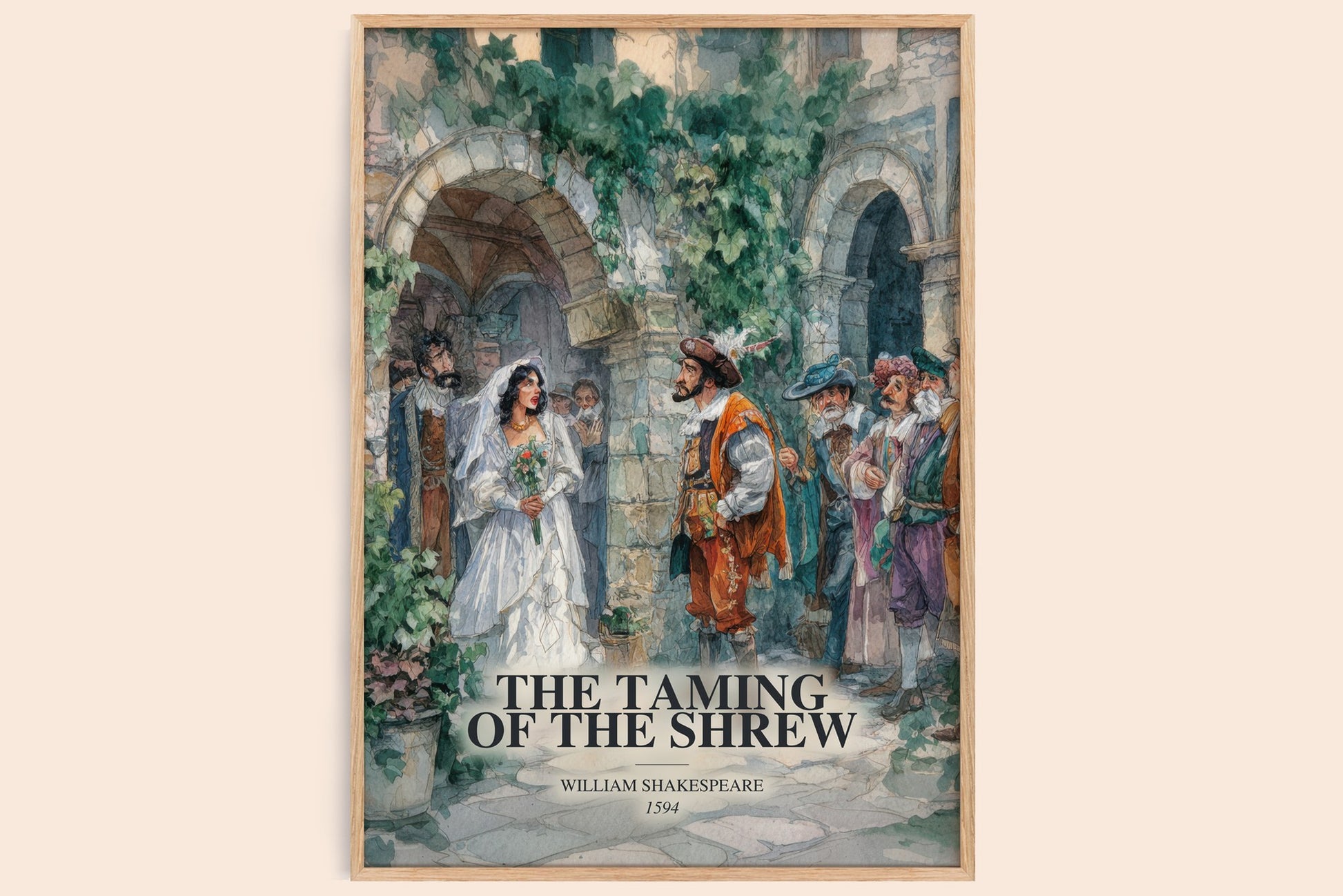 The Taming Of The Shrew watercolour book poster by William Shakespeare – framed literary art print