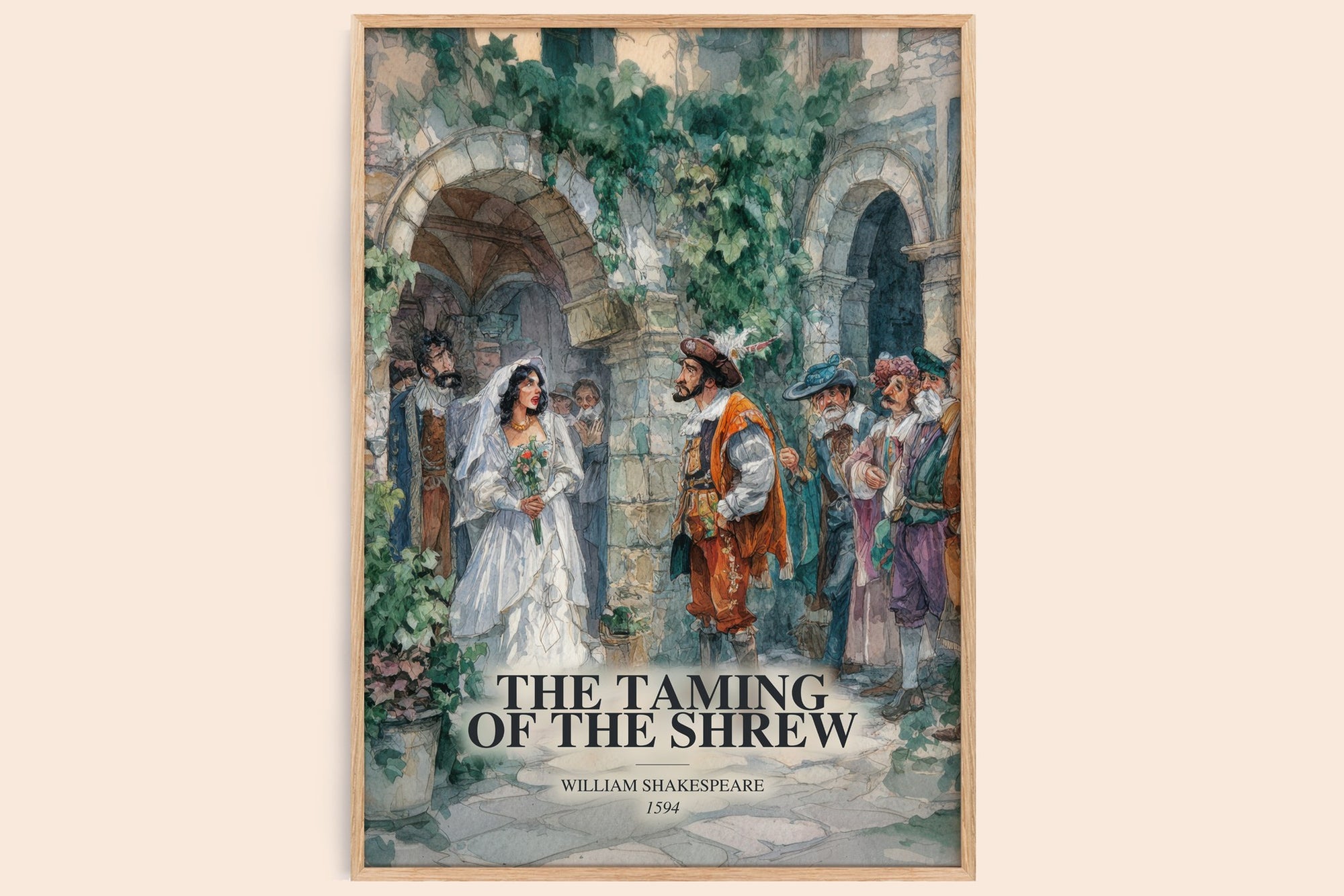 The Taming Of The Shrew watercolour book poster by William Shakespeare – framed literary art print