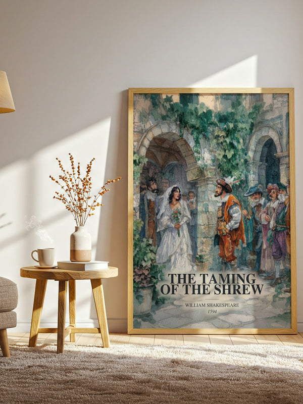 The Taming Of The Shrew watercolour print in frame leaning in hallway – classic literature wall art