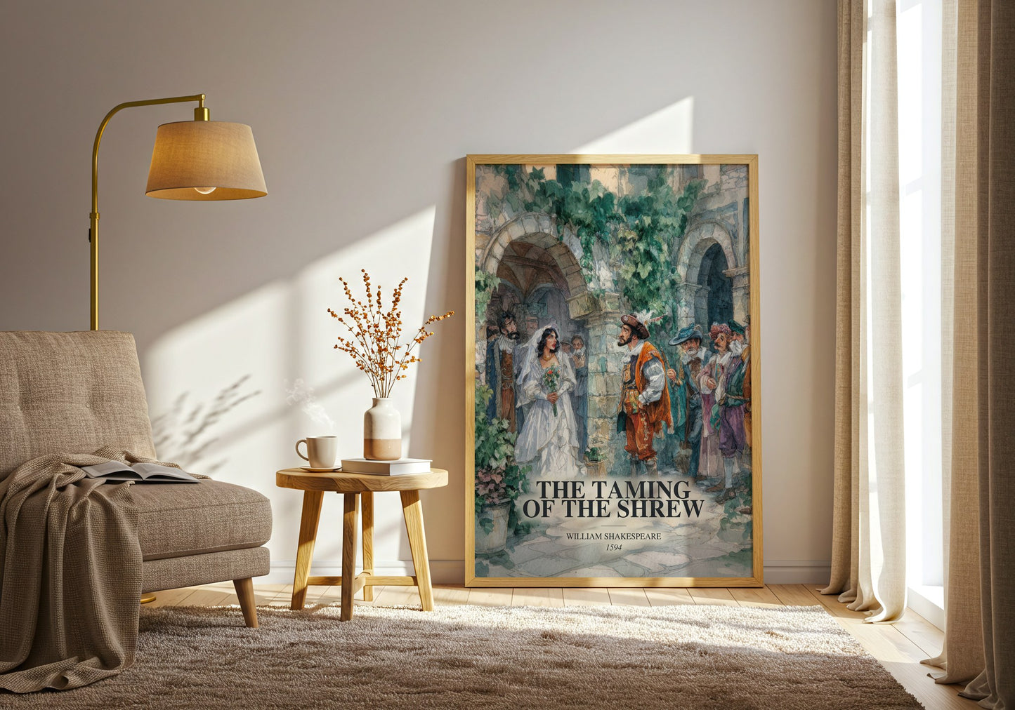 The Taming Of The Shrew watercolour print in frame leaning in hallway – classic literature wall art