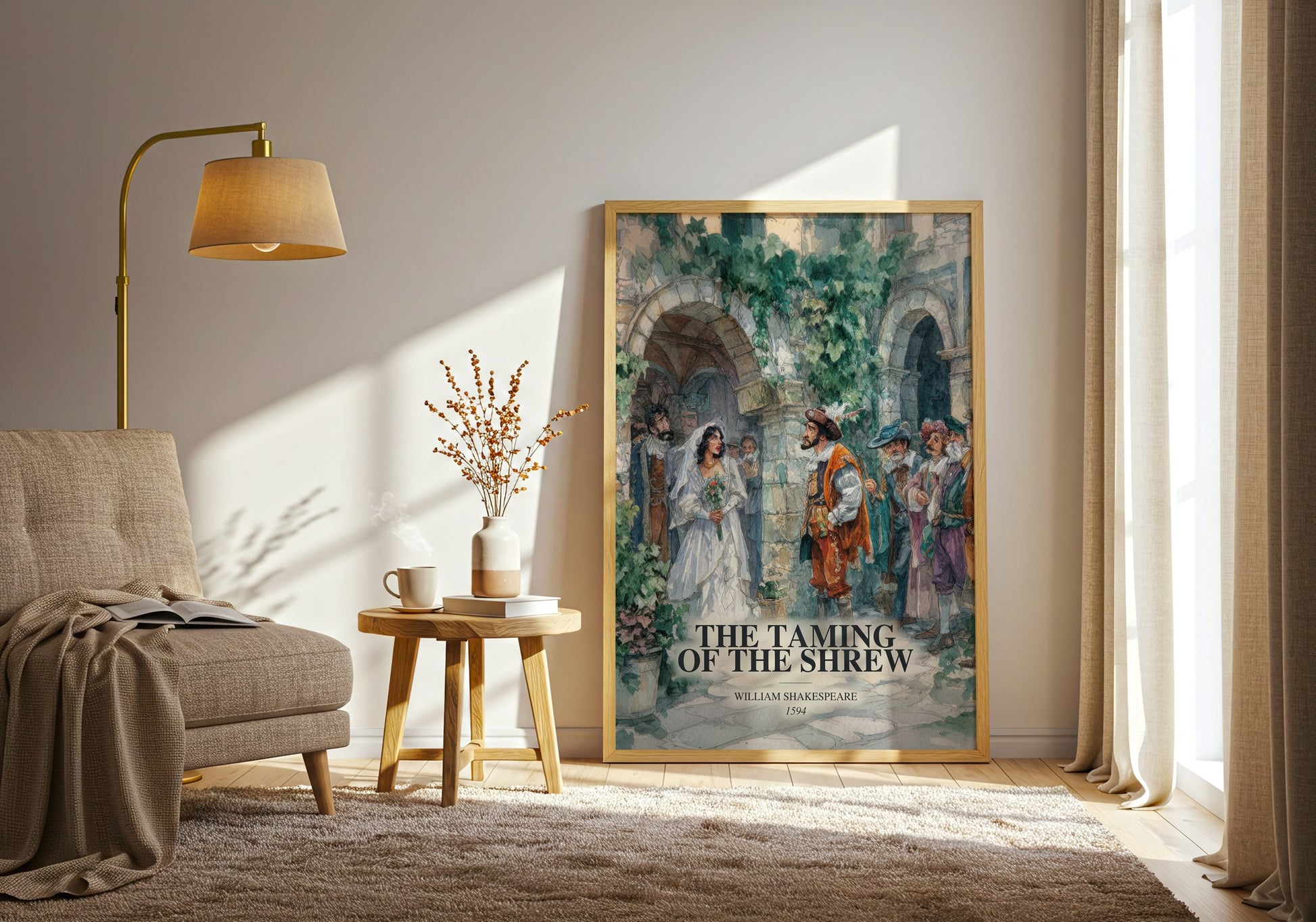 The Taming Of The Shrew watercolour print in frame leaning in hallway – classic literature wall art