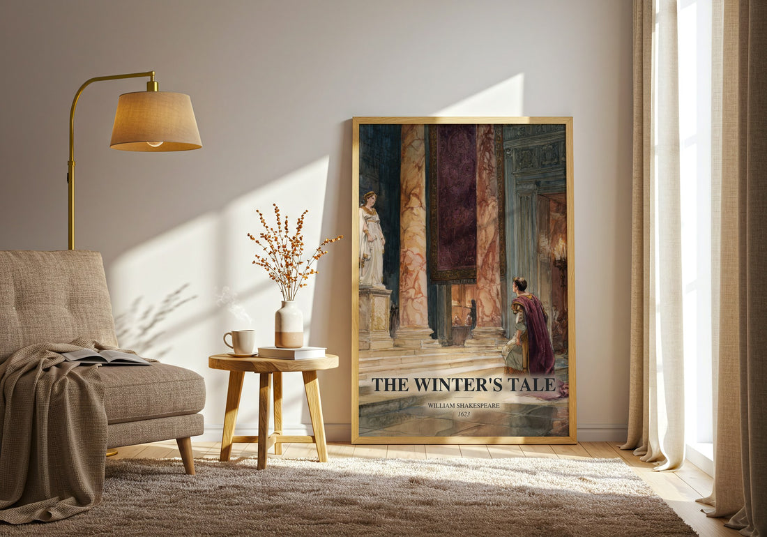 The Winter'S Tale watercolour print in frame leaning in hallway – classic literature wall art (mockup)
