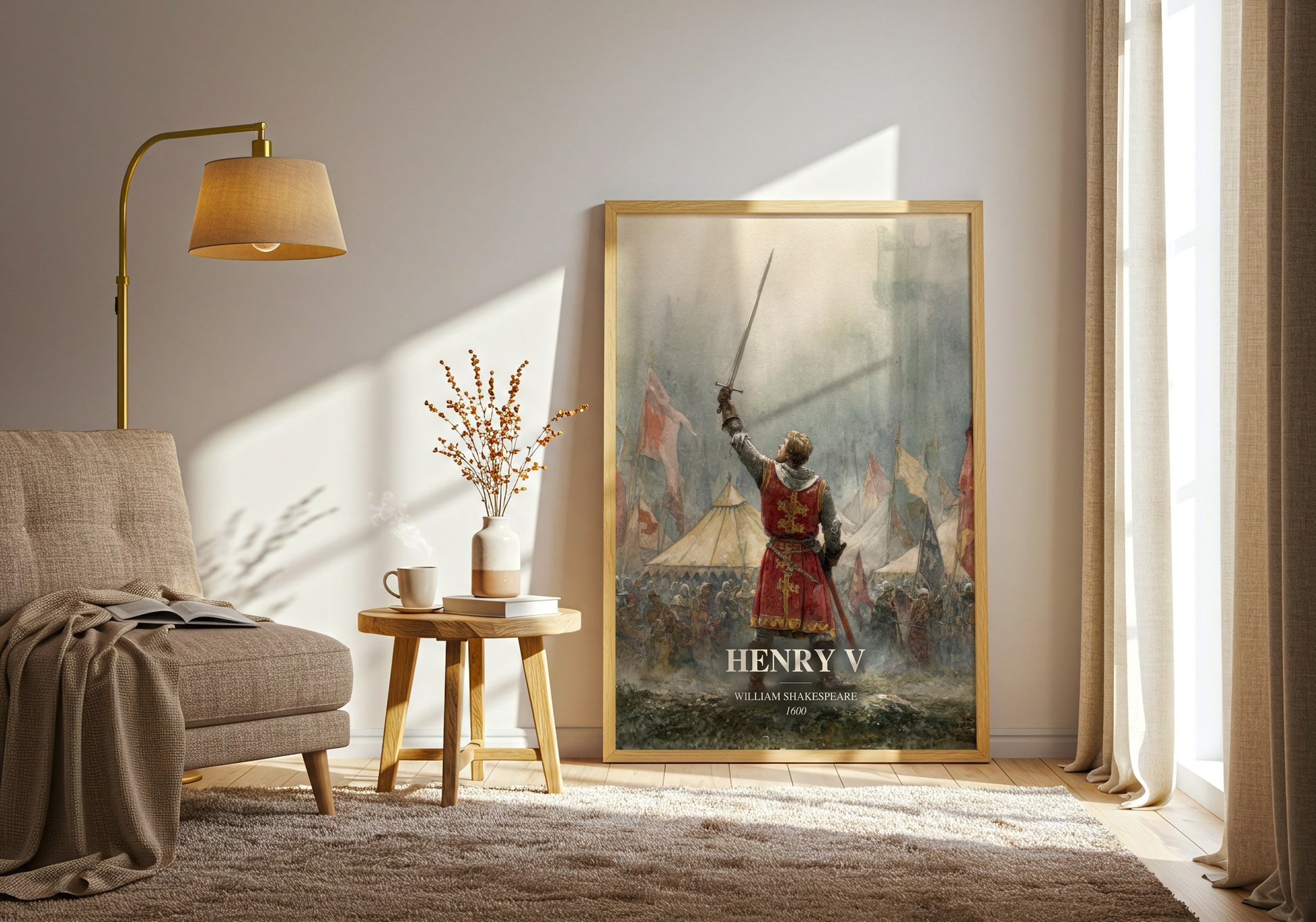 Henry V watercolour print in frame leaning in hallway – classic literature wall art