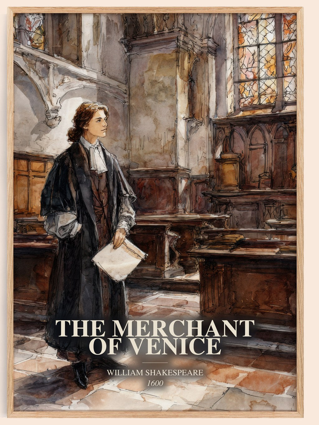 The Merchant Of Venice watercolour book poster by William Shakespeare – framed literary art print
