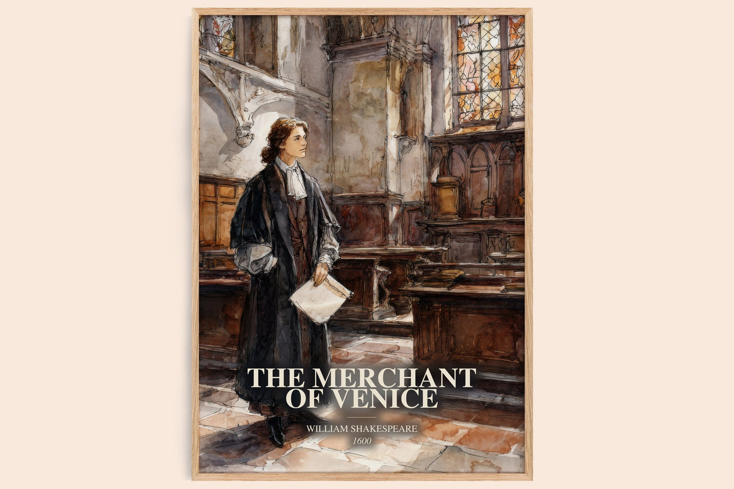 The Merchant Of Venice watercolour book poster by William Shakespeare – framed literary art print