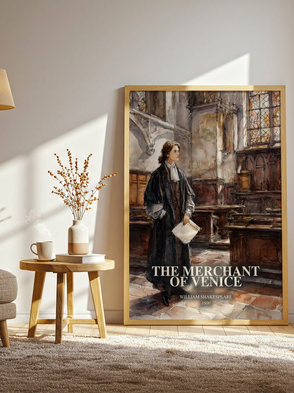 The Merchant Of Venice watercolour print in frame leaning in hallway – classic literature wall art