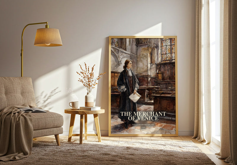 The Merchant Of Venice watercolour print in frame leaning in hallway – classic literature wall art