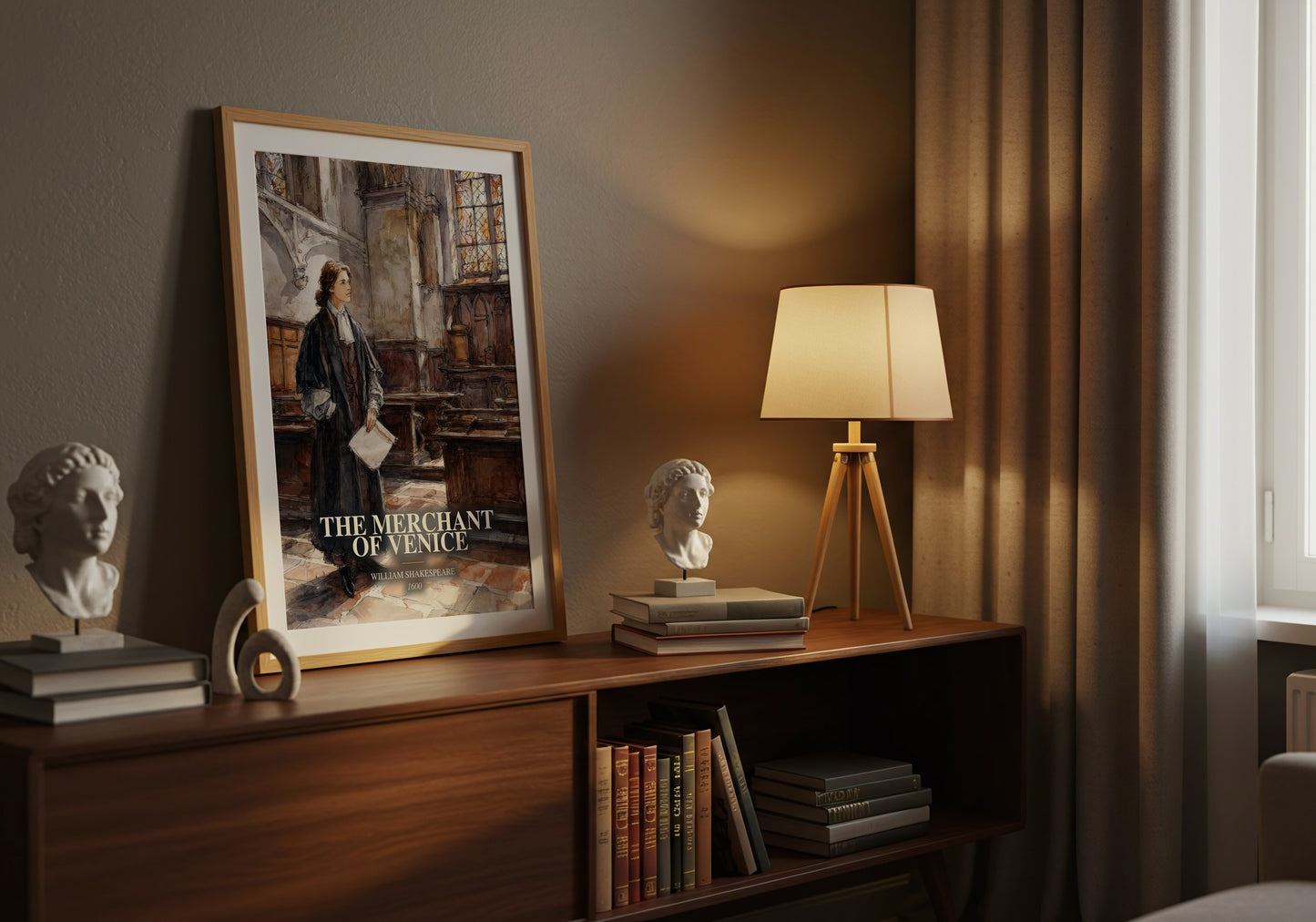 The Merchant Of Venice watercolour print on bookshelf – William Shakespeare fan gift