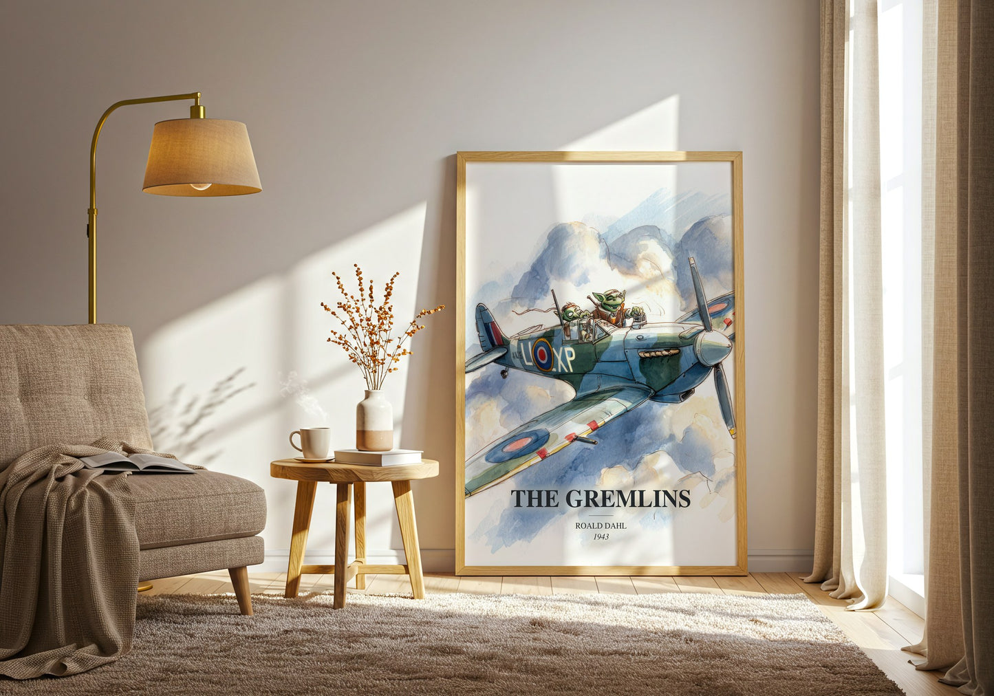 The Gremlins watercolour print in frame leaning in hallway – childrens wall art
