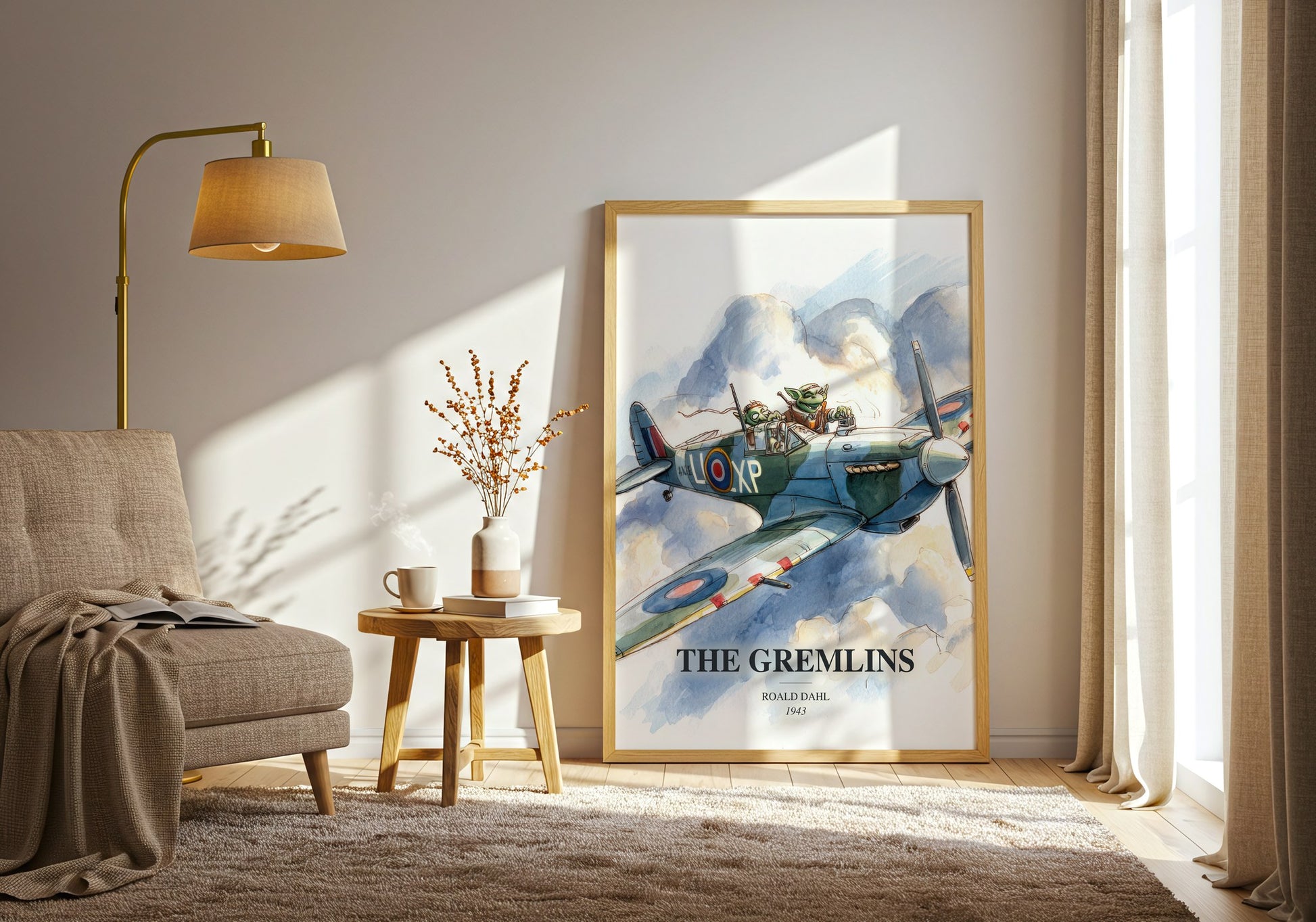 The Gremlins watercolour print in frame leaning in hallway – childrens wall art
