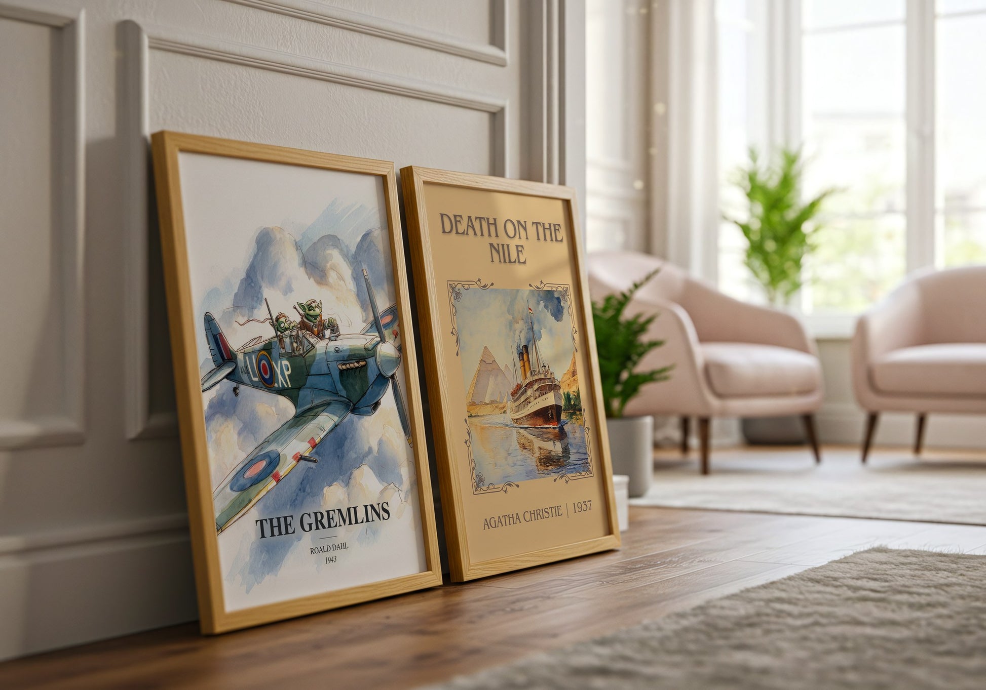 The Gremlins watercolour print framed by window – literary home decor