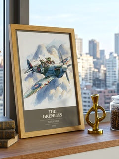 The Gremlins Book Cover Poster by Roald Dahl – framed print on a city-view windowsill