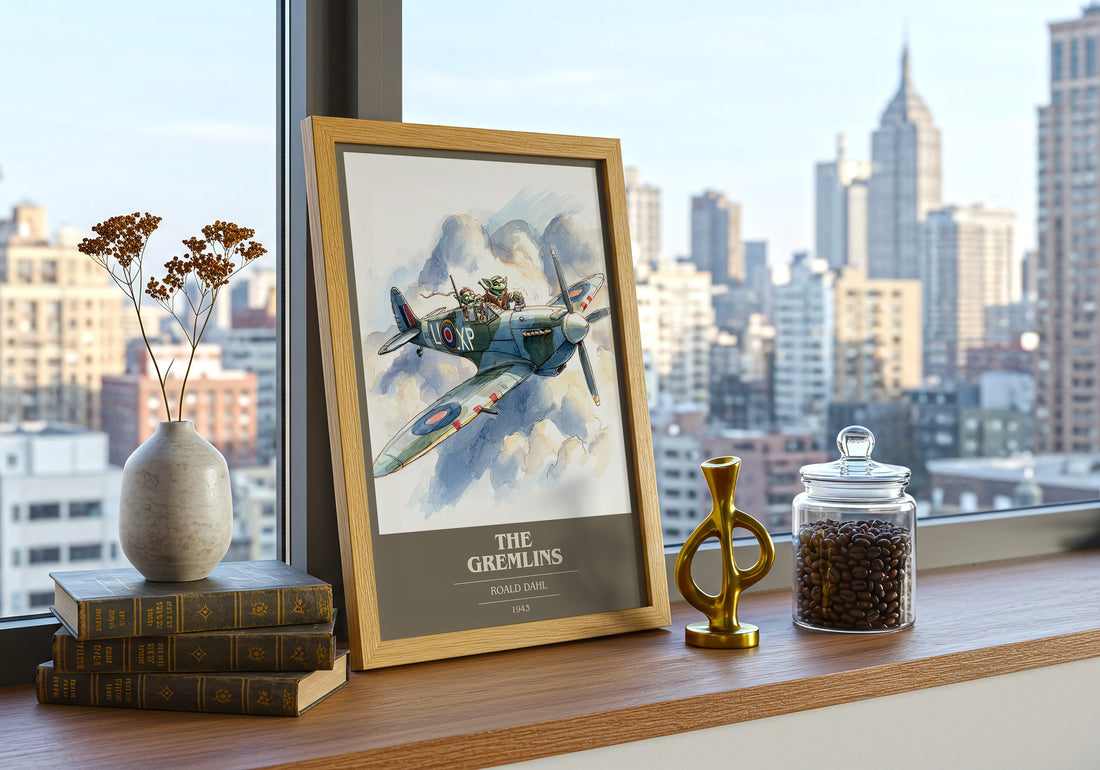 The Gremlins Book Cover Poster by Roald Dahl – framed print on a city-view windowsill