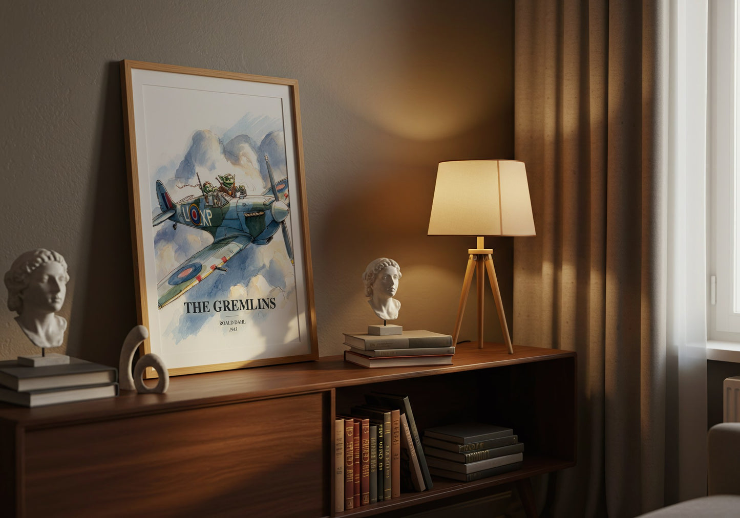 The Gremlins watercolour print on bookshelf – Roald Dahl fan gift