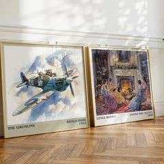 The Gremlins Literary Art Print by Roald Dahl – large square framed print leaning against a wall