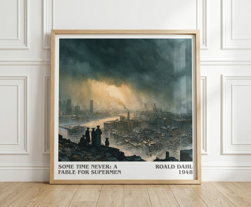 Some Time Never: A Fable for Supermen literary print in frame leaning in hallway – fantasy wall art