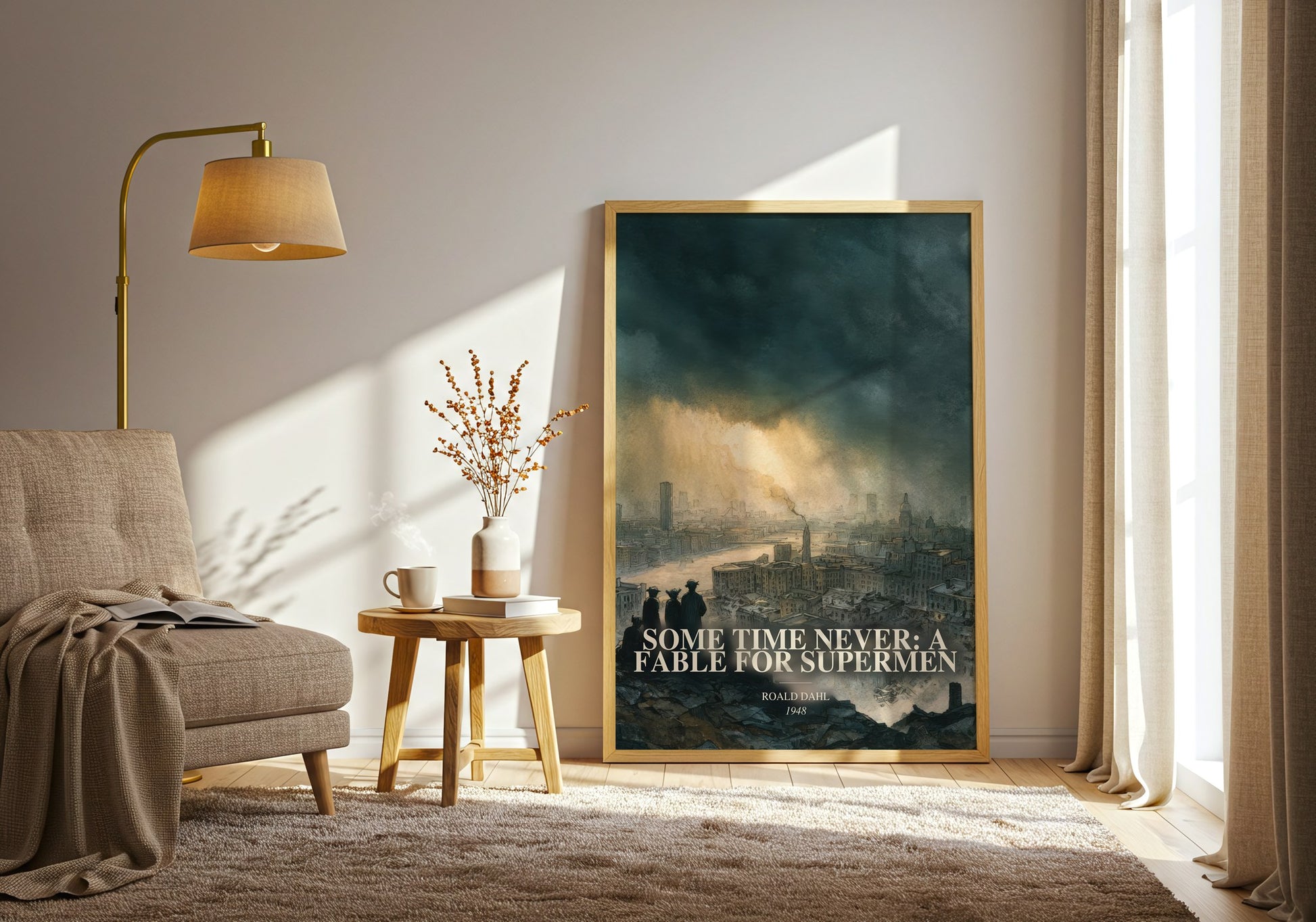 Some Time Never: A Fable For Supermen watercolour print in frame leaning in hallway – sci fi wall art