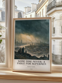 Some Time Never: A Fable for Supermen Book Cover Poster by Roald Dahl – framed print by a bright window