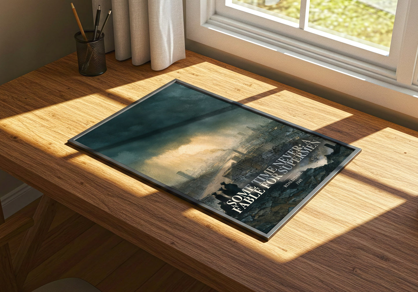 Some Time Never: A Fable For Supermen watercolour book poster framed on wall – sci fi wall art