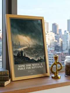Some Time Never: A Fable for Supermen Book Cover Poster by Roald Dahl – framed print on a city-view windowsill