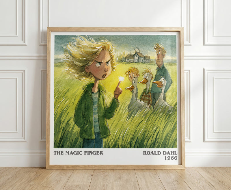 The Magic Finger literary print in frame leaning in hallway – childrens wall art