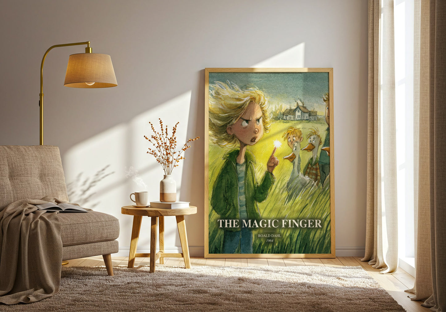 The Magic Finger watercolour print in frame leaning in hallway – childrens wall art