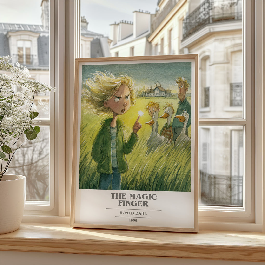 The Magic Finger Book Cover Poster by Roald Dahl – framed print by a bright window