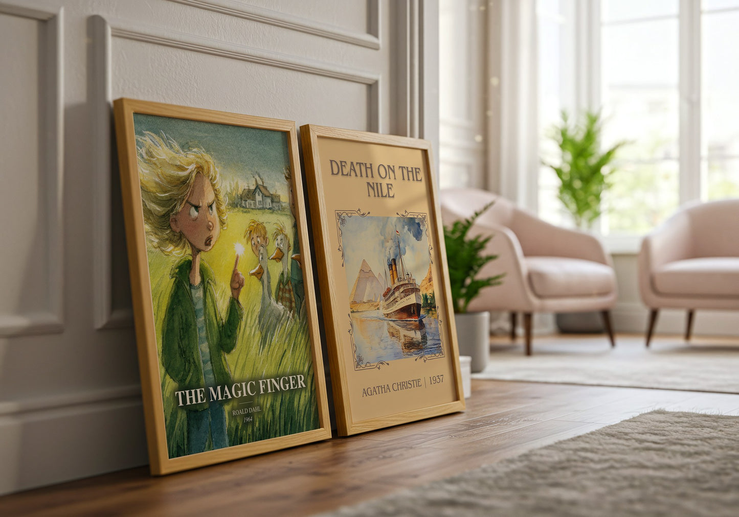 The Magic Finger watercolour print framed by window – literary home decor