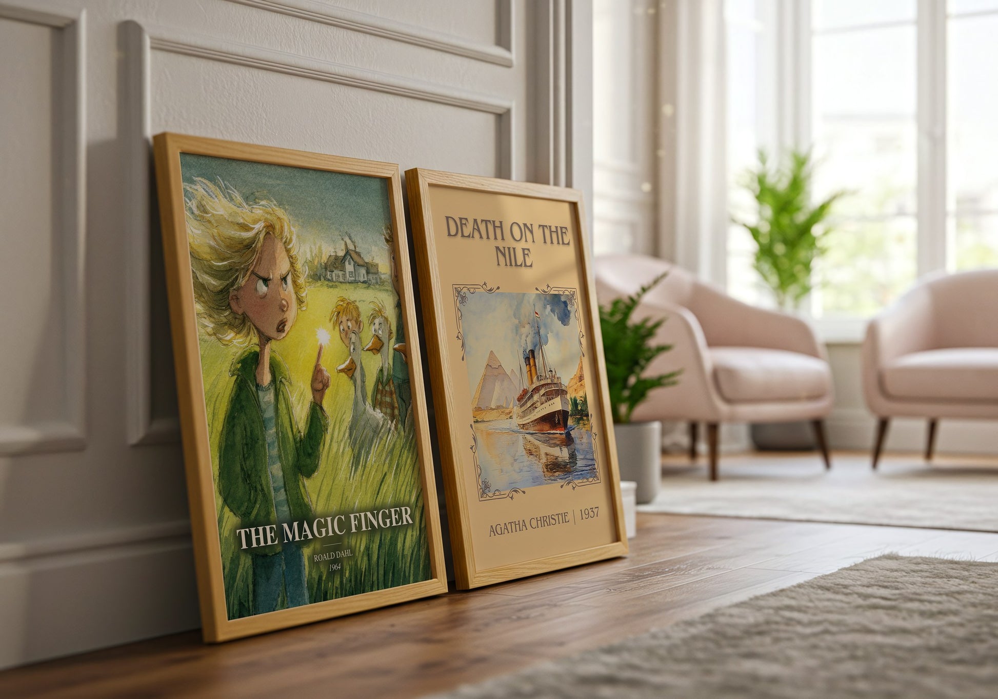 The Magic Finger watercolour print framed by window – literary home decor