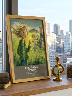 The Magic Finger Book Cover Poster by Roald Dahl – framed print on a city-view windowsill