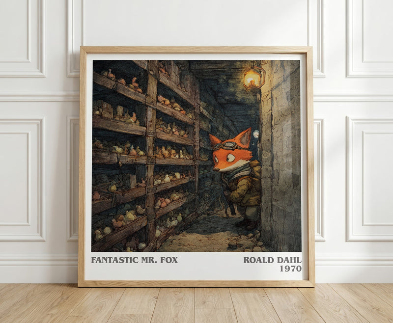 Fantastic Mr. Fox literary print in frame leaning in hallway – childrens wall art
