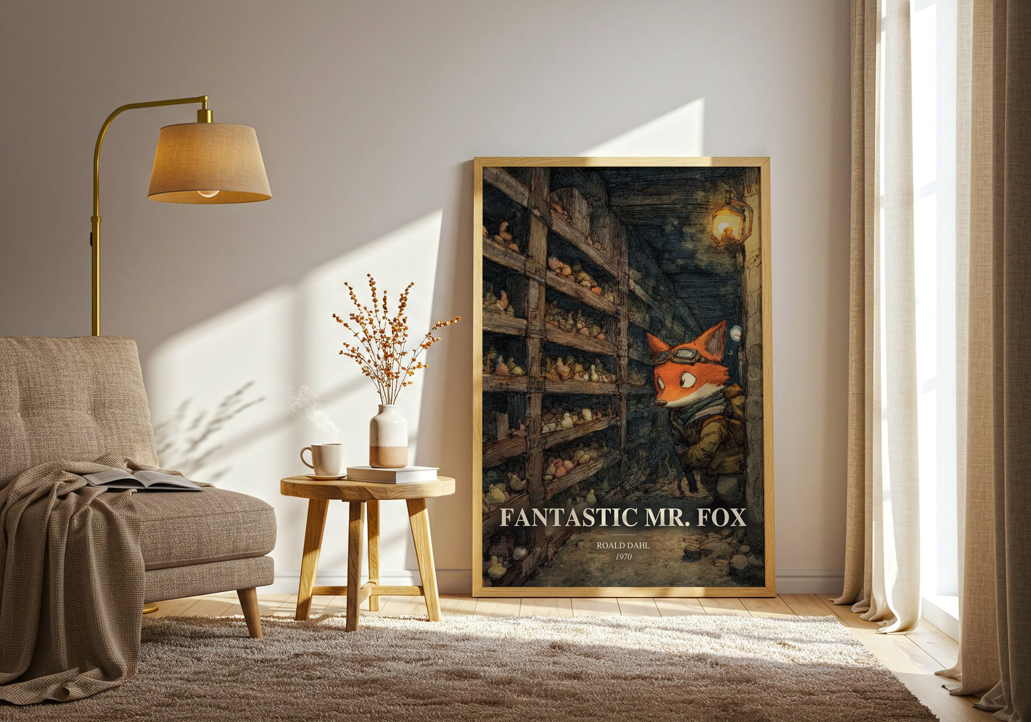 Fantastic Mr. Fox watercolour print in frame leaning in hallway – childrens wall art