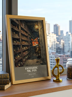 Fantastic Mr. Fox Book Cover Poster by Roald Dahl – framed print on a city-view windowsill