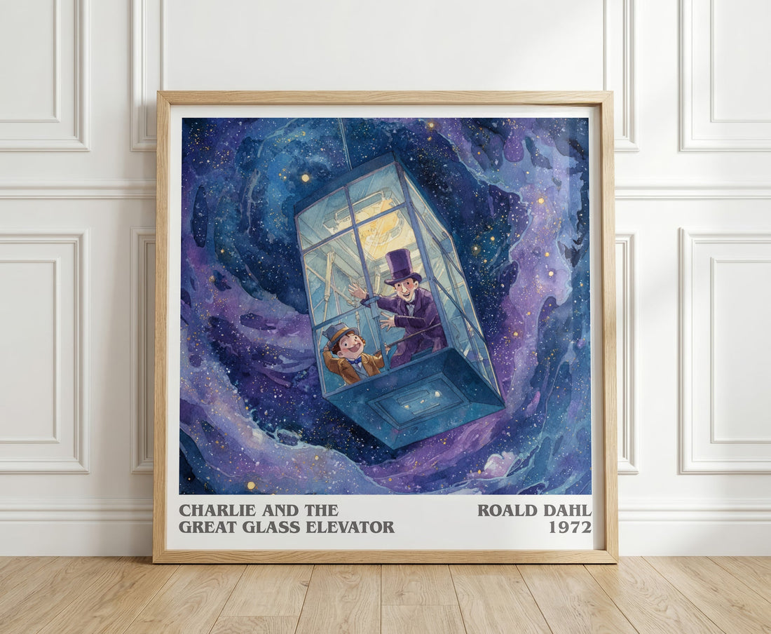 Charlie and the Great Glass Elevator literary print in frame leaning in hallway – childrens wall art (mockup)