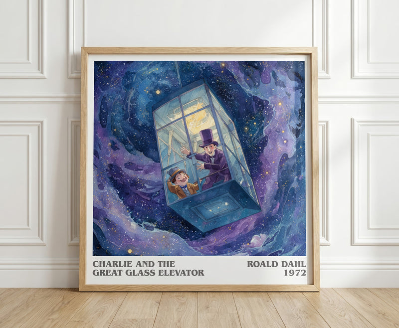 Charlie and the Great Glass Elevator literary print in frame leaning in hallway – childrens wall art