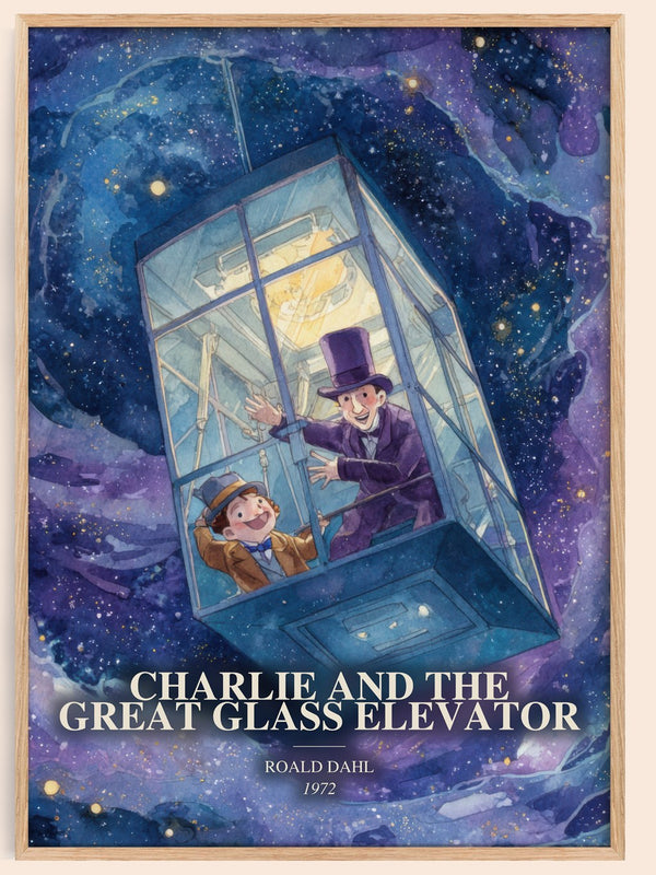 Charlie And The Great Glass Elevator watercolour book poster by Roald Dahl – framed literary art print