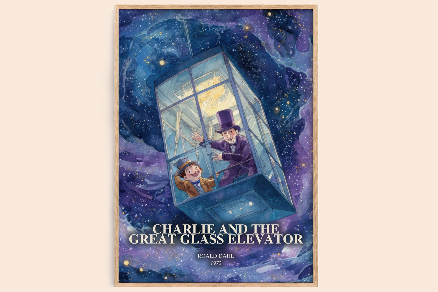 Charlie And The Great Glass Elevator watercolour book poster by Roald Dahl – framed literary art print
