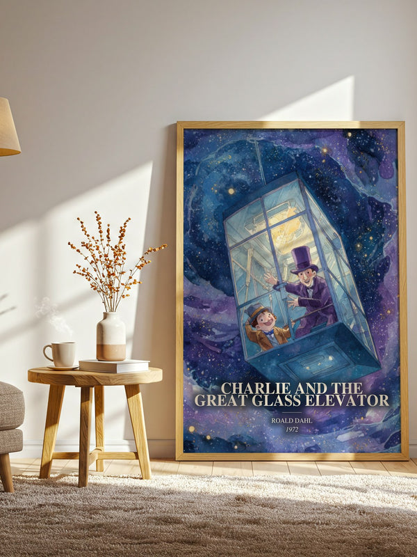 Charlie And The Great Glass Elevator watercolour print in frame leaning in hallway – childrens wall art