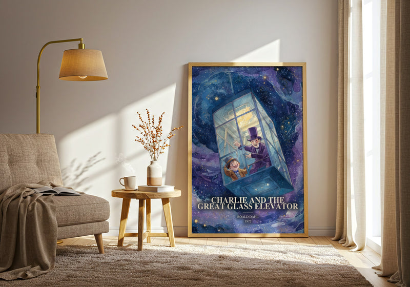 Charlie And The Great Glass Elevator watercolour print in frame leaning in hallway – childrens wall art