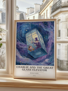 Charlie and the Great Glass Elevator Book Cover Poster by Roald Dahl – framed print by a bright window