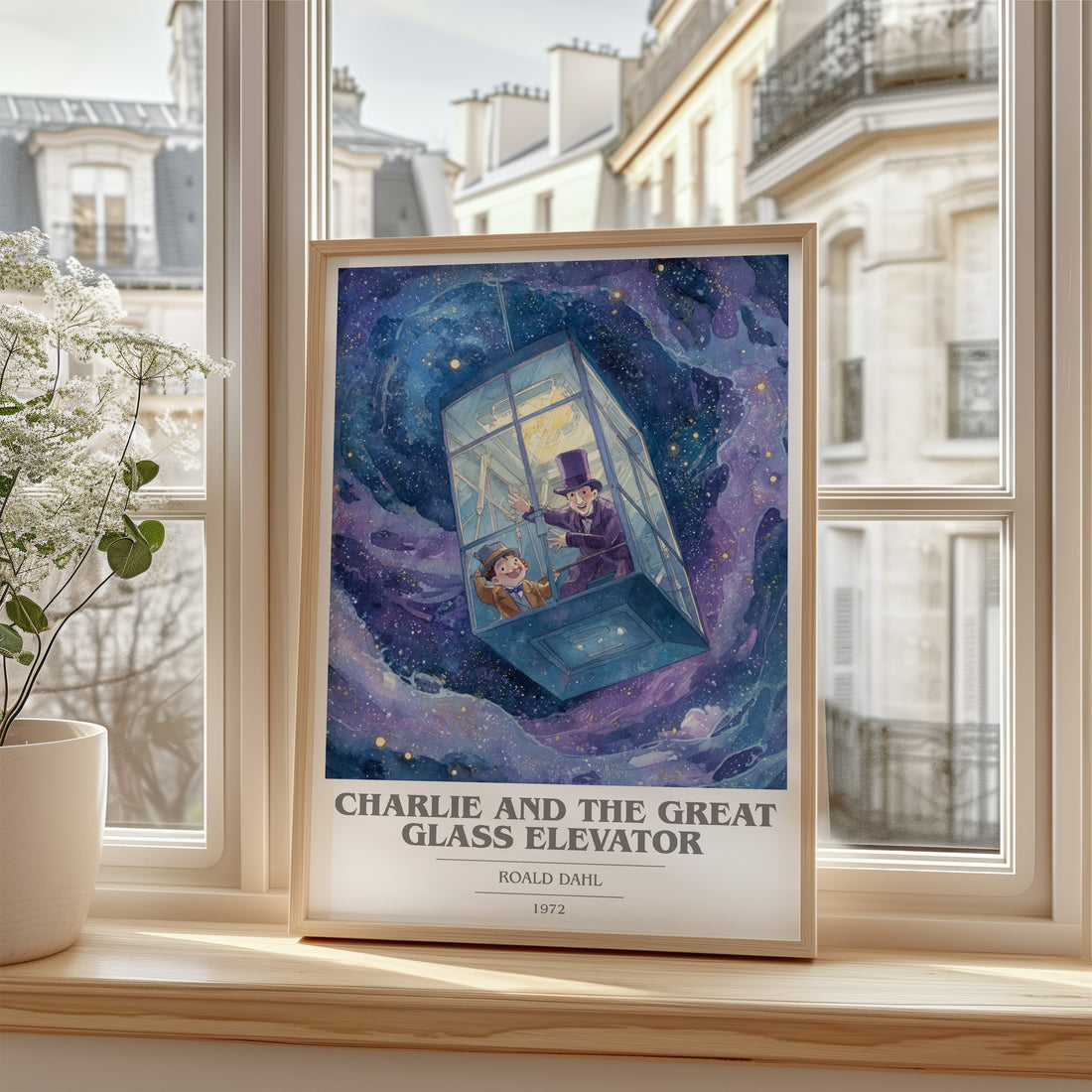Charlie and the Great Glass Elevator Book Cover Poster by Roald Dahl – framed print by a bright window