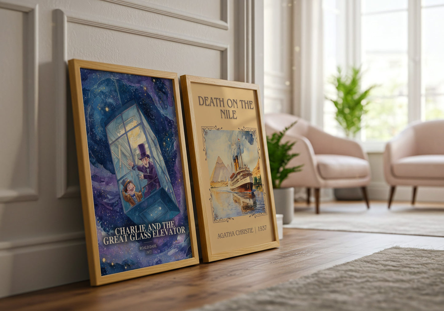 Charlie And The Great Glass Elevator watercolour print framed by window – literary home decor