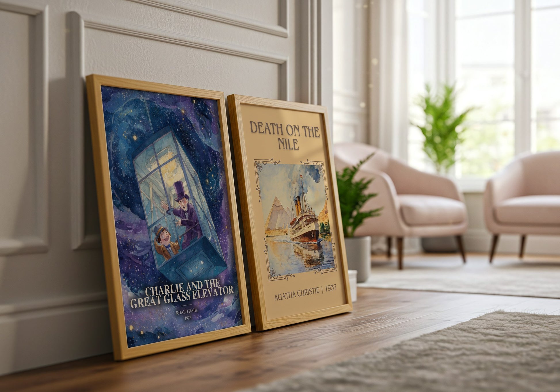 Charlie And The Great Glass Elevator watercolour print framed by window – literary home decor