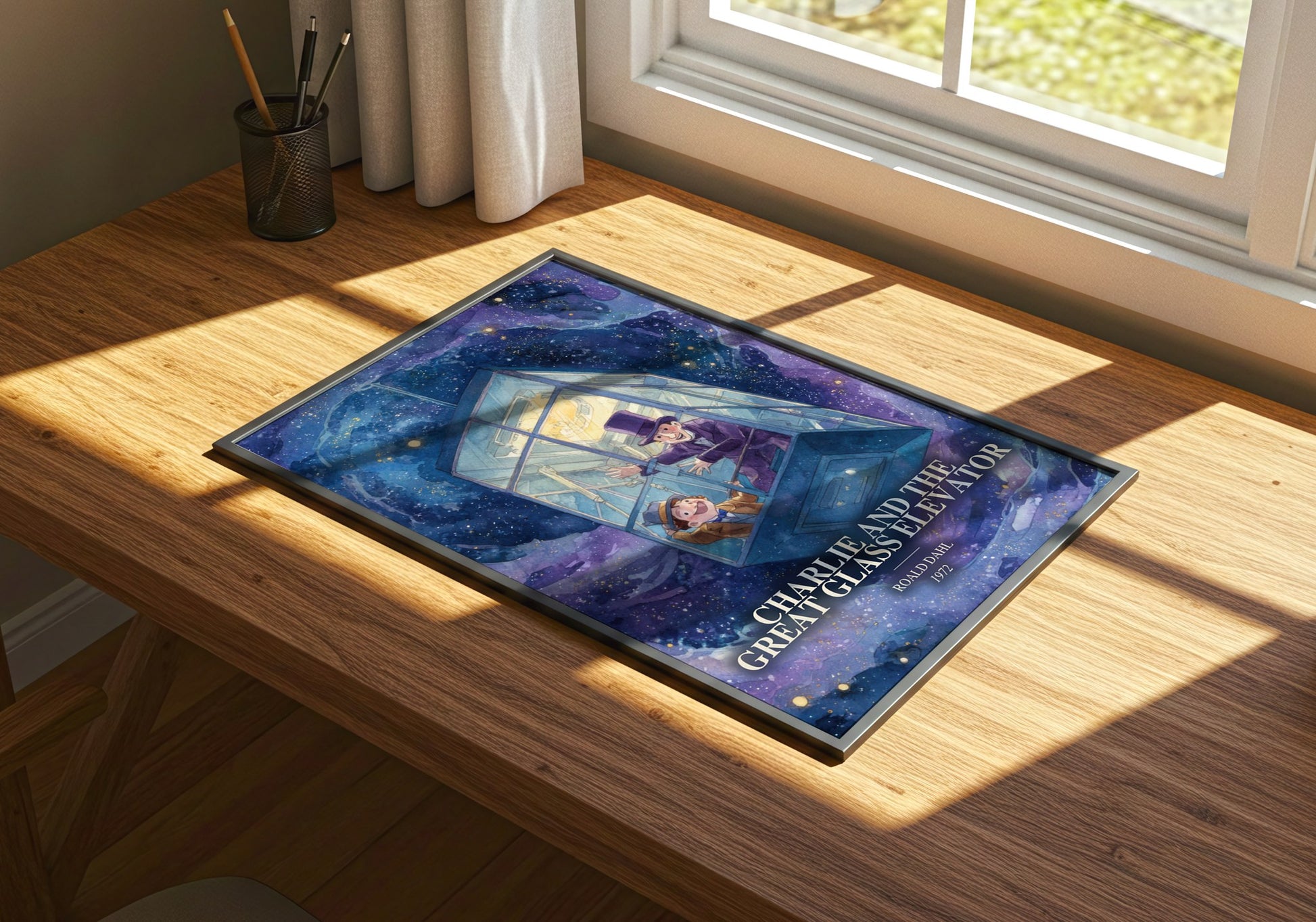 Charlie And The Great Glass Elevator watercolour book poster framed on wall – childrens wall art