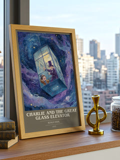 Charlie and the Great Glass Elevator Book Cover Poster by Roald Dahl – framed print on a city-view windowsill