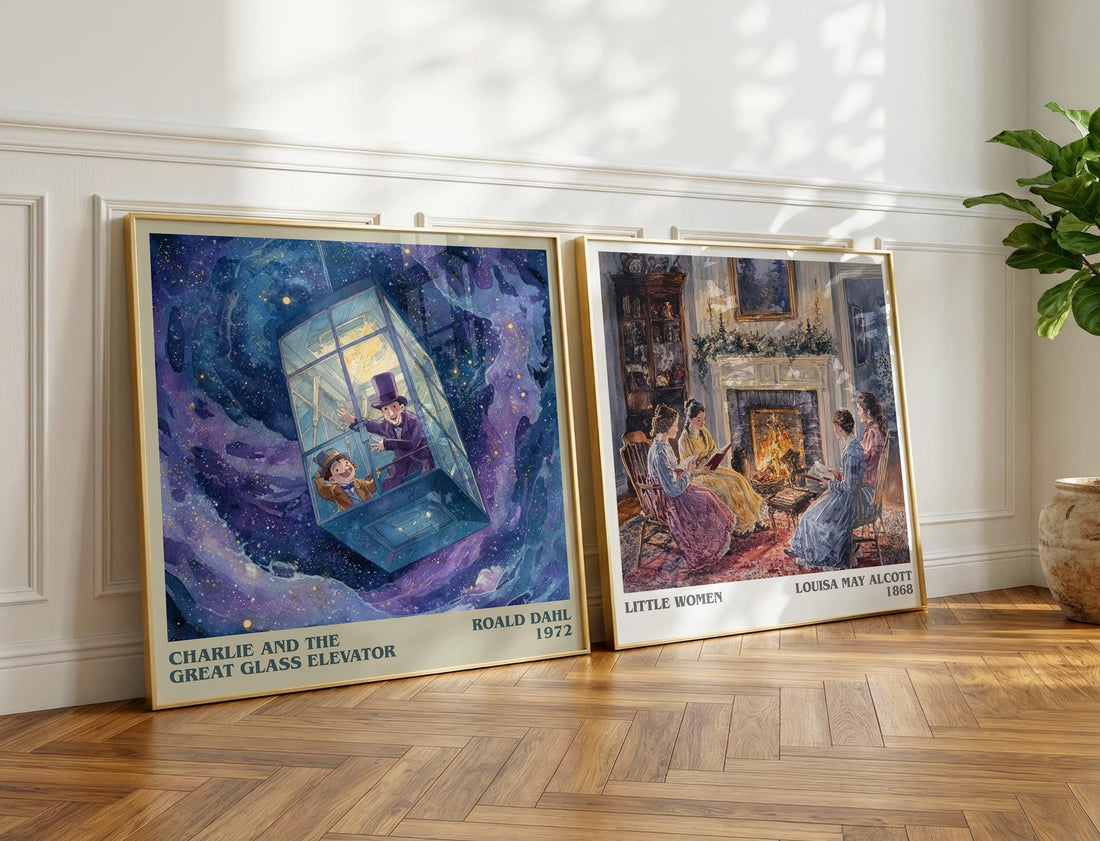 Charlie and the Great Glass Elevator Literary Art Print by Roald Dahl – large square framed print leaning against a wall