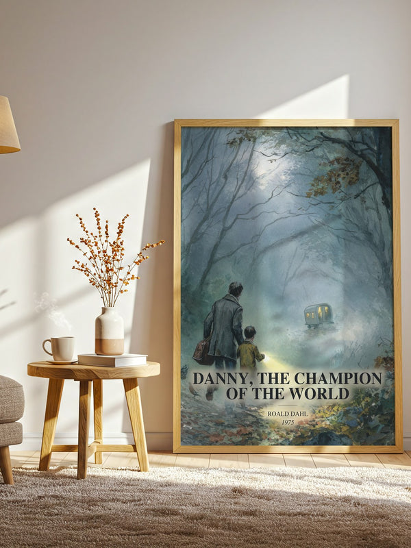 Danny, The Champion Of The World watercolour print in frame leaning in hallway – childrens wall art