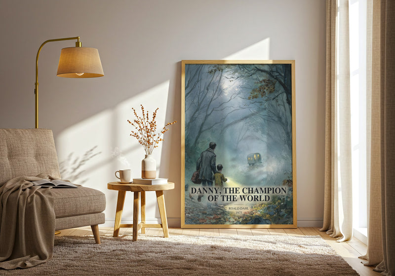 Danny, The Champion Of The World watercolour print in frame leaning in hallway – childrens wall art